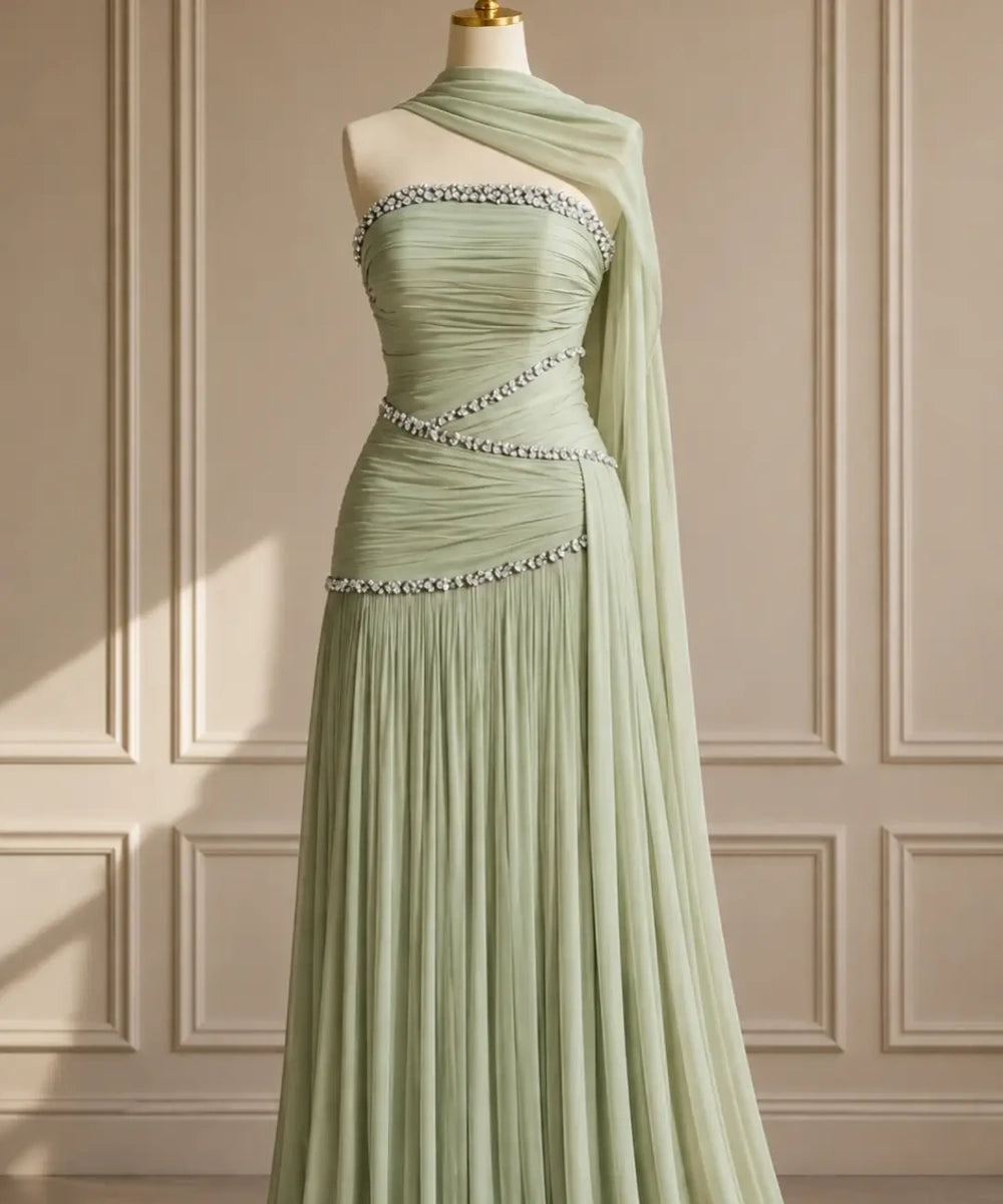 Strapless Rhinestone Ruched Chiffon Evening Gown with Shoulder Cape & Pleated Floor-Length Skirt
