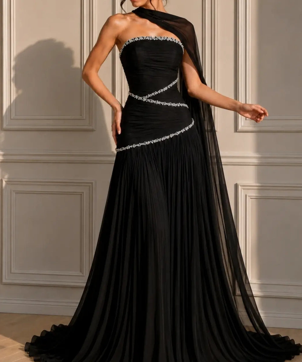 Strapless Rhinestone Ruched Chiffon Evening Gown with Shoulder Cape & Pleated Floor-Length Skirt