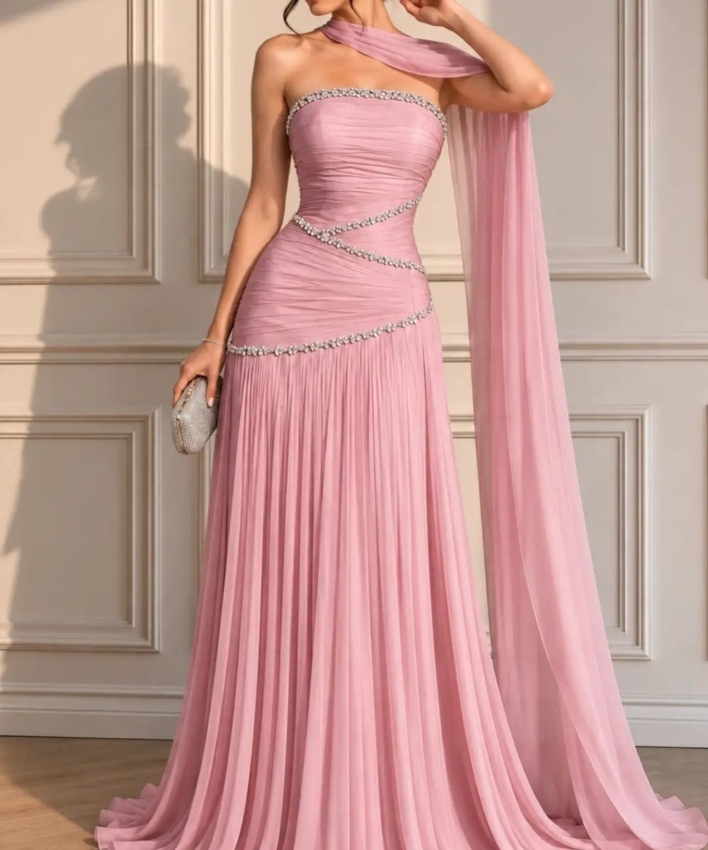 Strapless Rhinestone Ruched Chiffon Evening Gown with Shoulder Cape & Pleated Floor-Length Skirt