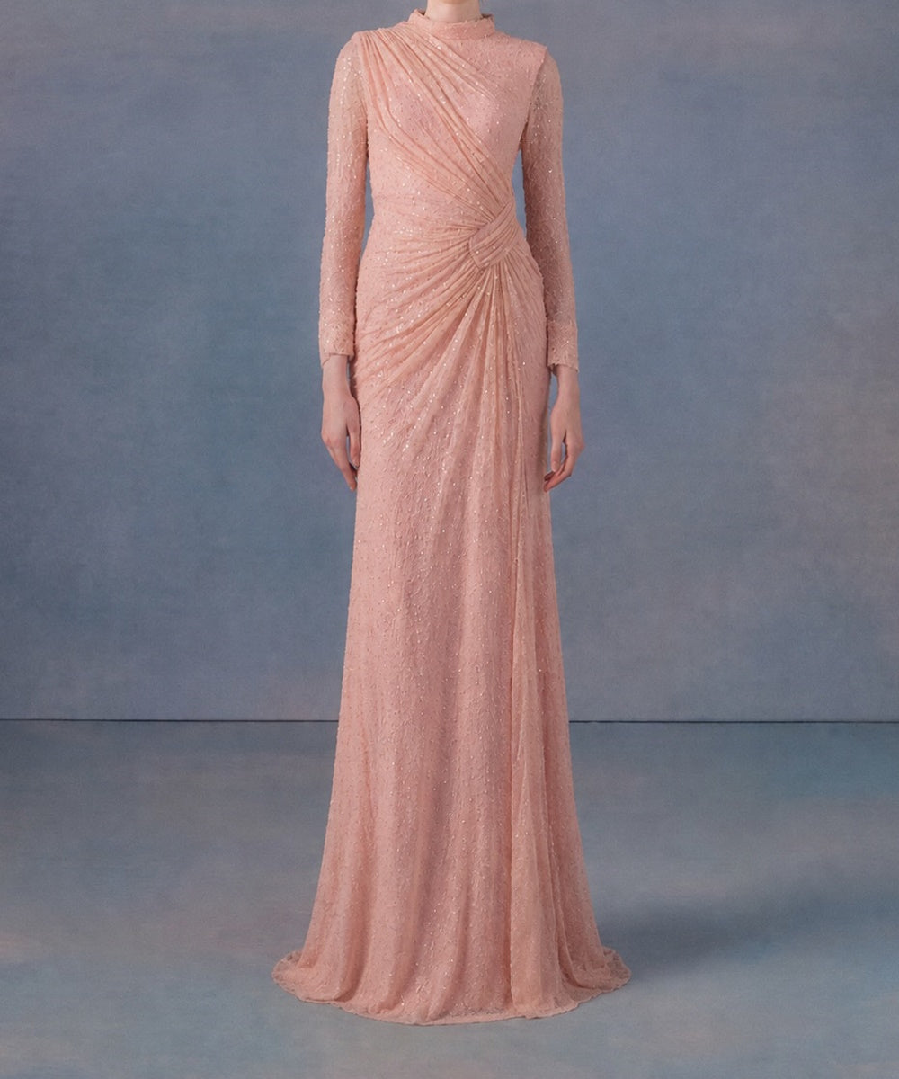 Blush Pink Long Sleeve Sequin Lace High Neck Ruched Waist Mermaid Evening Gown