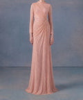 Blush Pink Long Sleeve Sequin Lace High Neck Ruched Waist Mermaid Evening Gown