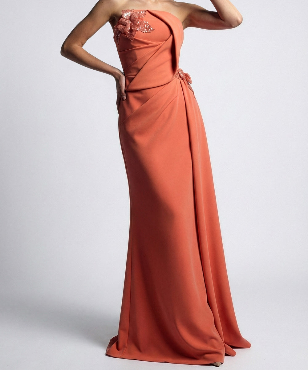 Terracotta Strapless Draped Mermaid Maxi Gown With 3D Sequin Floral Decorations