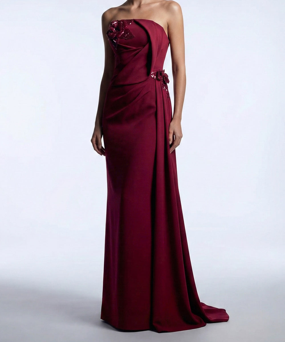 Burgundy Strapless Draped Mermaid Evening Gown With 3D Floral Appliqués