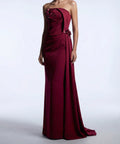 Burgundy Strapless Draped Mermaid Evening Gown With 3D Floral Appliqués