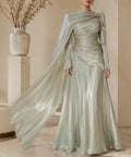 Shimmer Silver Long Sleeve Draped Evening Gown With Flowing Cape Sleeves
