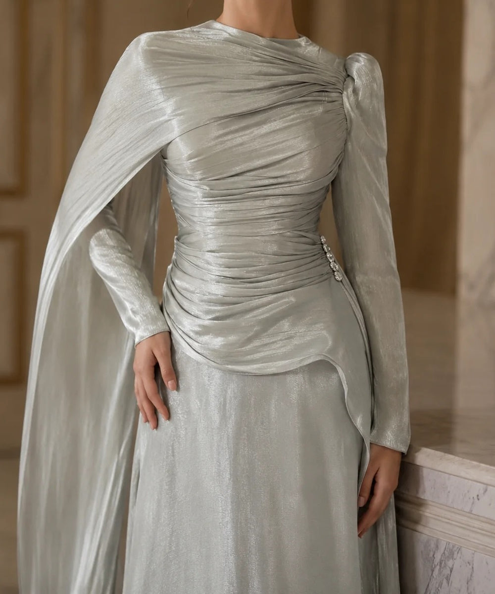Shimmer Silver Long Sleeve Draped Evening Gown With Flowing Cape Sleeves