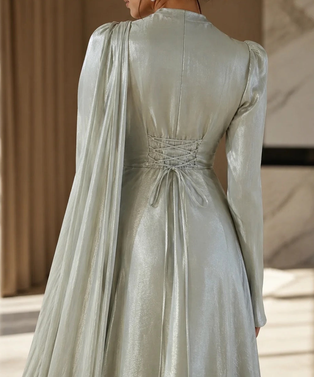 Shimmer Silver Long Sleeve Draped Evening Gown With Flowing Cape Sleeves