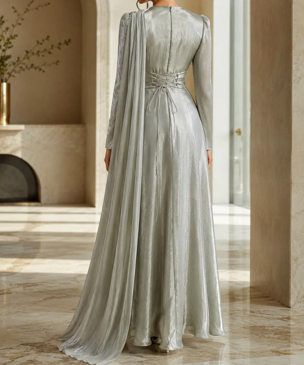Shimmer Silver Long Sleeve Draped Evening Gown With Flowing Cape Sleeves