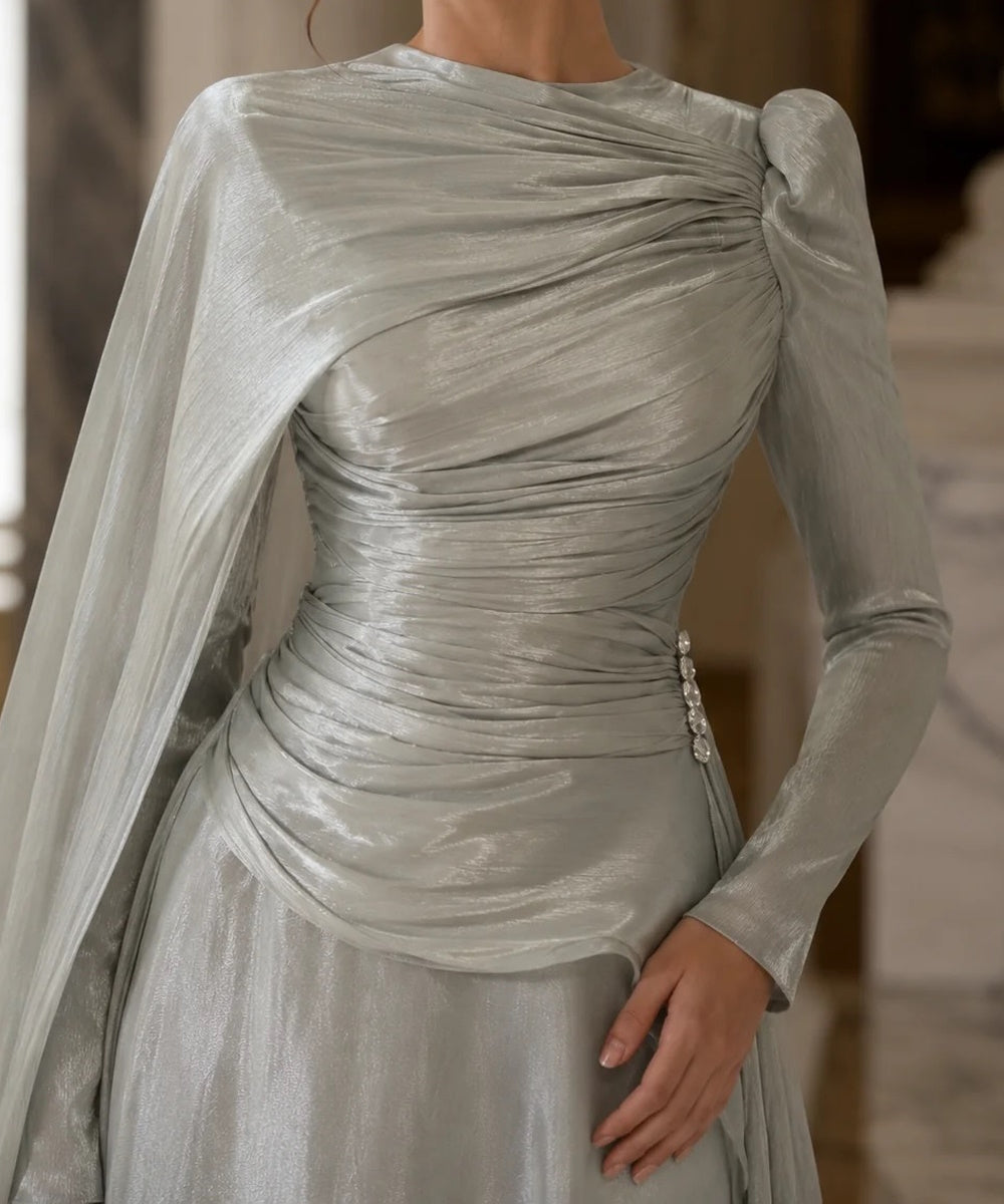 Shimmer Silver Long Sleeve Draped Evening Gown With Flowing Cape Sleeves