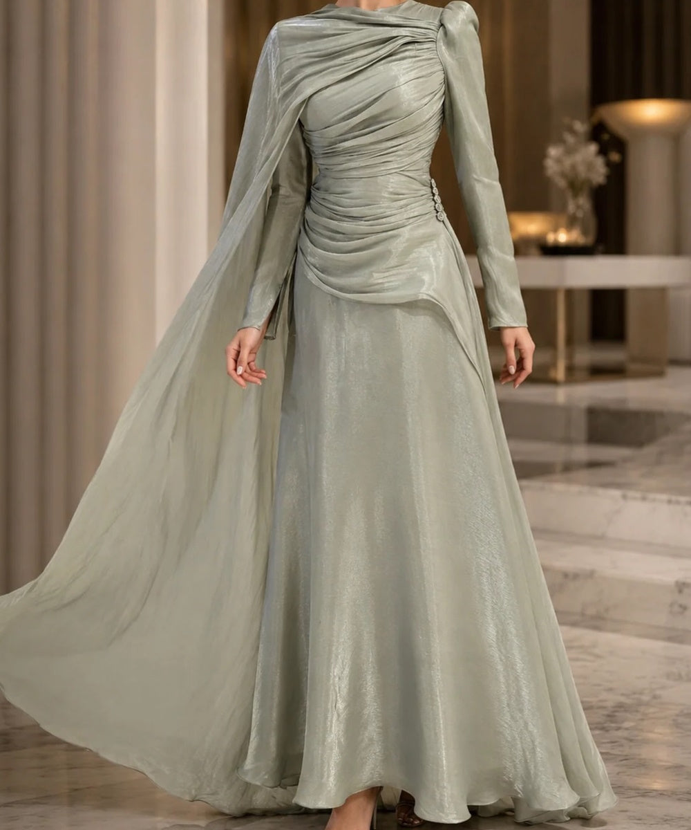 Shimmer Silver Long Sleeve Draped Evening Gown With Flowing Cape Sleeves