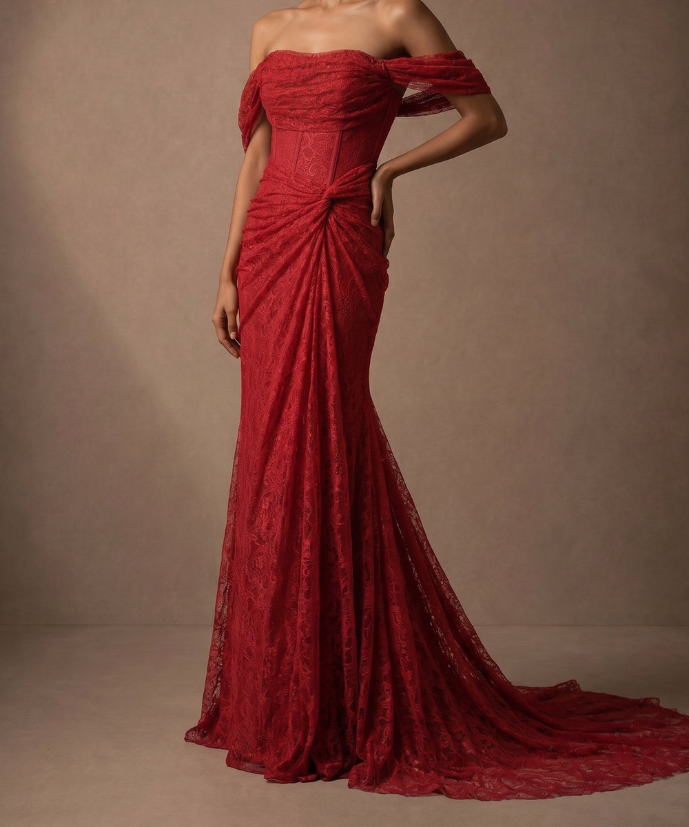 Off Shoulder Lace Corset Twisted Waist Mermaid Evening Gown, Available in Red & Dark Brown