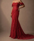 Off Shoulder Lace Corset Twisted Waist Mermaid Evening Gown, Available in Red & Dark Brown