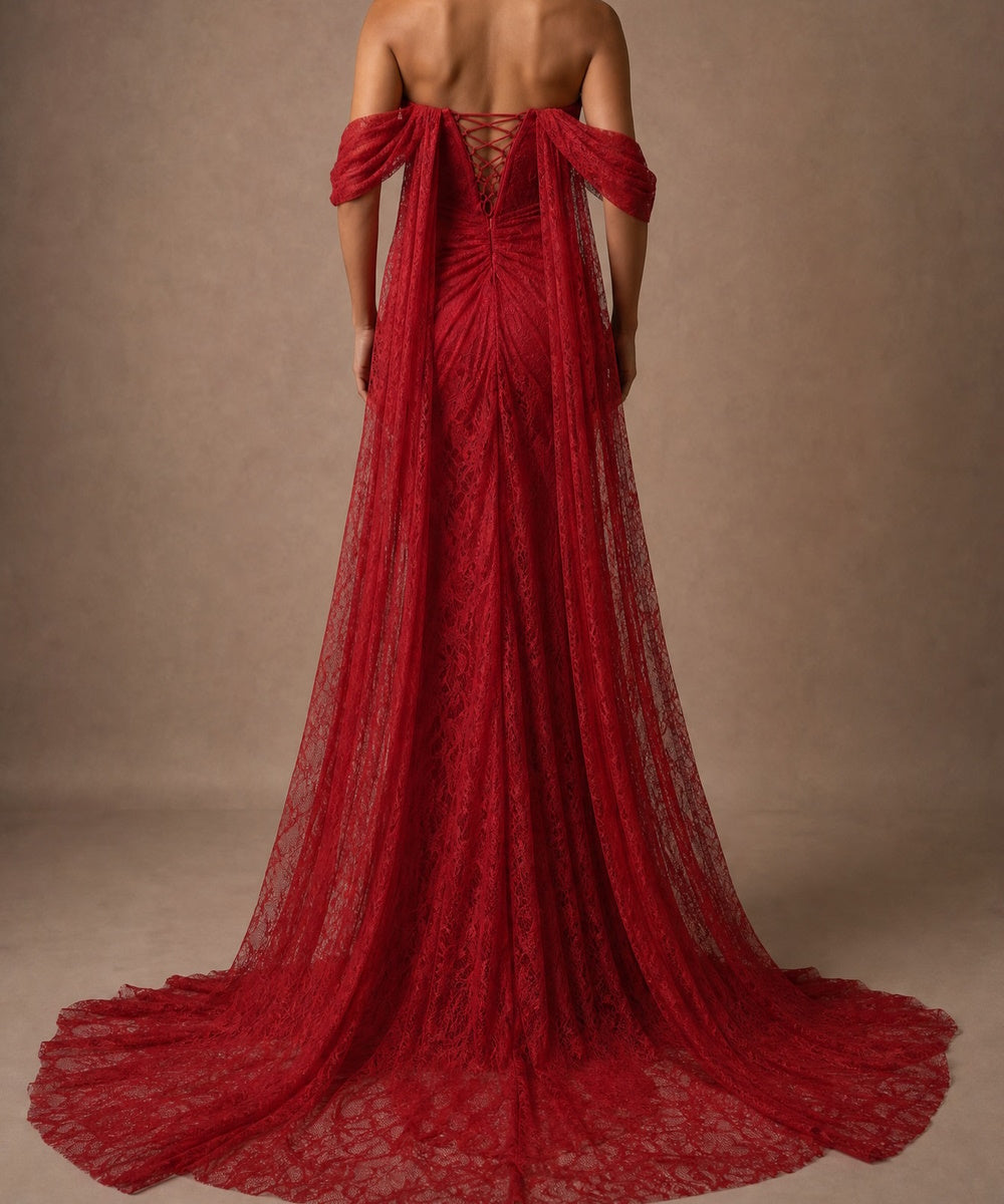 Off Shoulder Lace Corset Twisted Waist Mermaid Evening Gown, Available in Red & Dark Brown