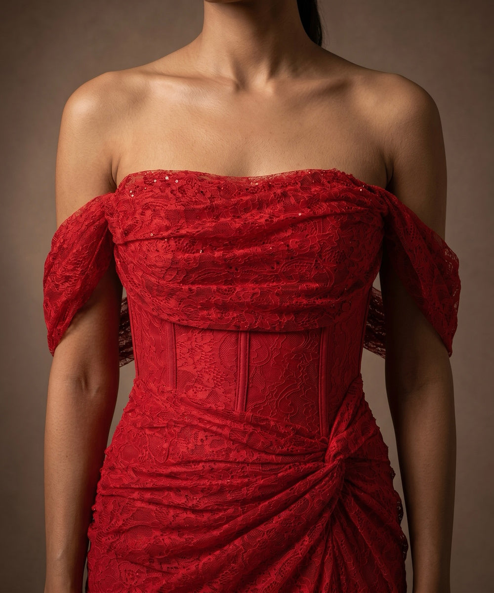 Off Shoulder Lace Corset Twisted Waist Mermaid Evening Gown, Available in Red & Dark Brown