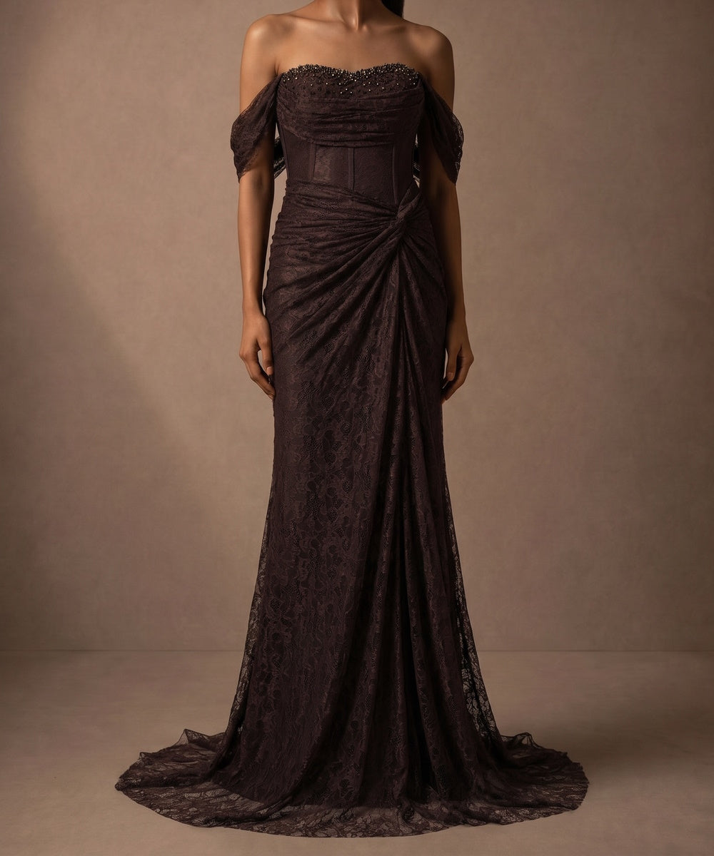 Off Shoulder Lace Corset Twisted Waist Mermaid Evening Gown, Available in Red & Dark Brown