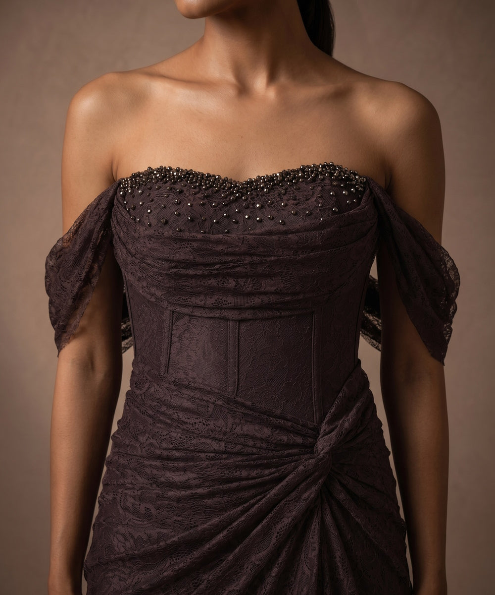 Off Shoulder Lace Corset Twisted Waist Mermaid Evening Gown, Available in Red & Dark Brown