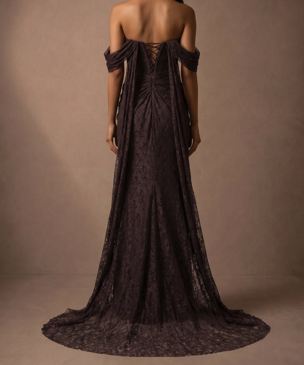 Off Shoulder Lace Corset Twisted Waist Mermaid Evening Gown, Available in Red & Dark Brown