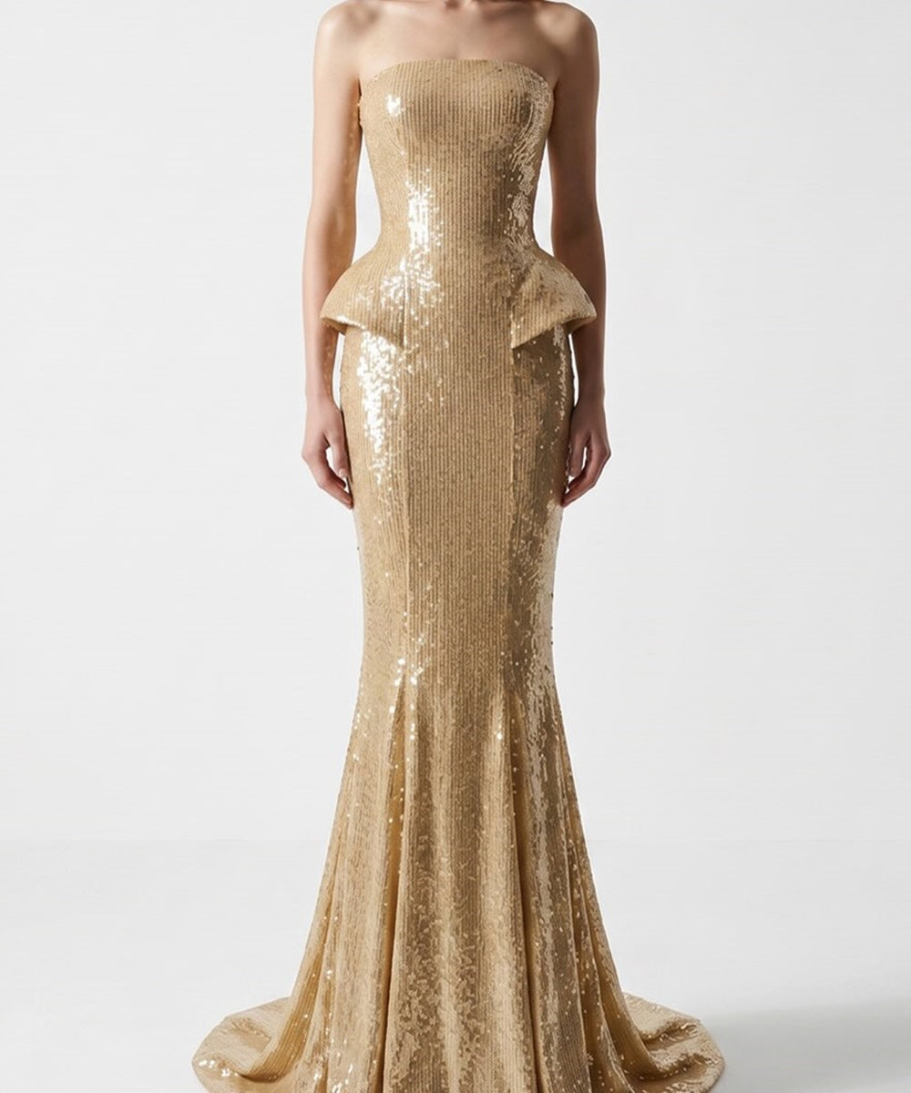 Strapless Gold Sequin Peplum Mermaid Evening Gown with Train