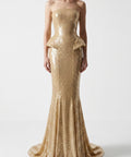 Strapless Gold Sequin Peplum Mermaid Evening Gown with Train