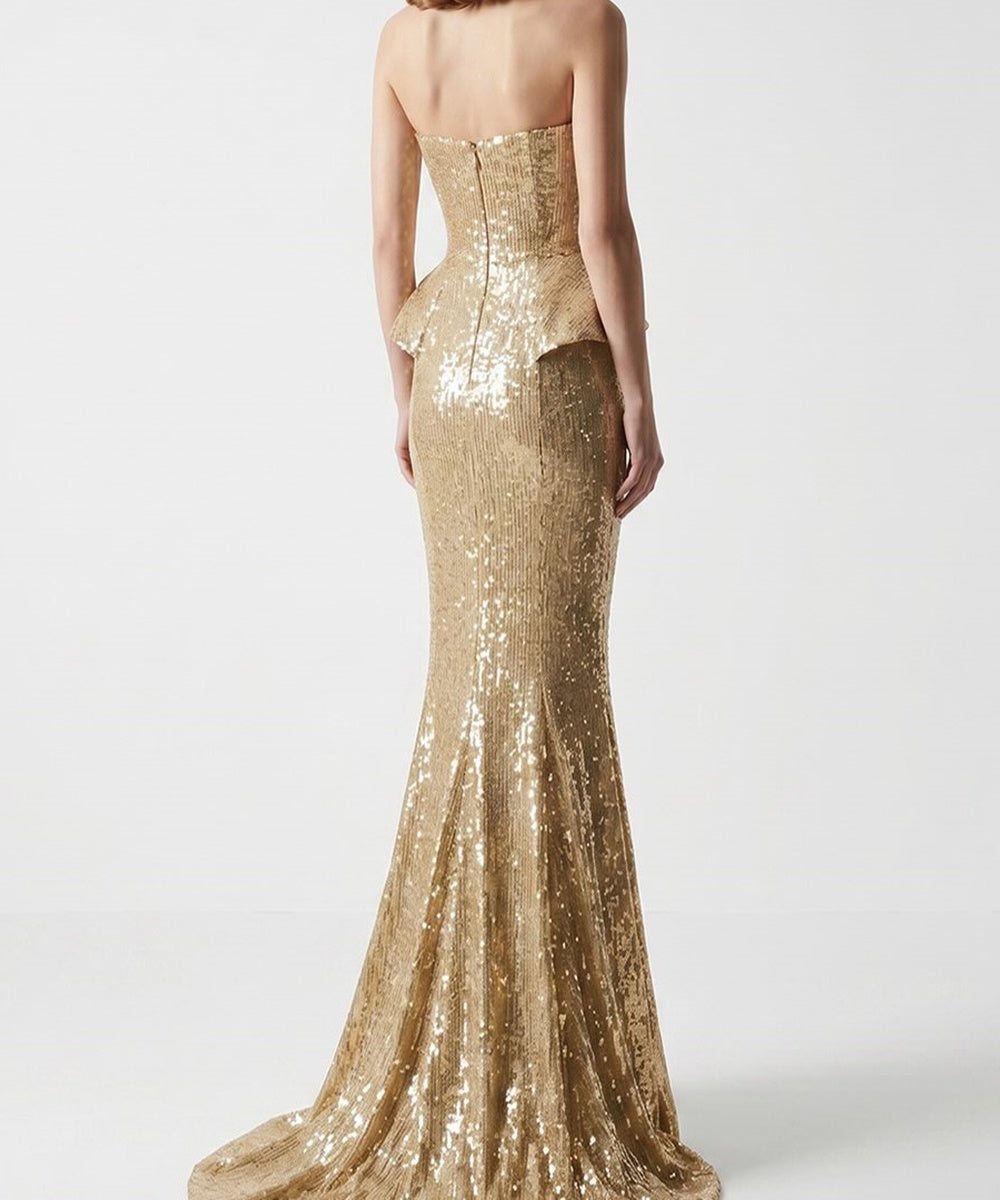 Strapless Gold Sequin Peplum Mermaid Evening Gown with Train