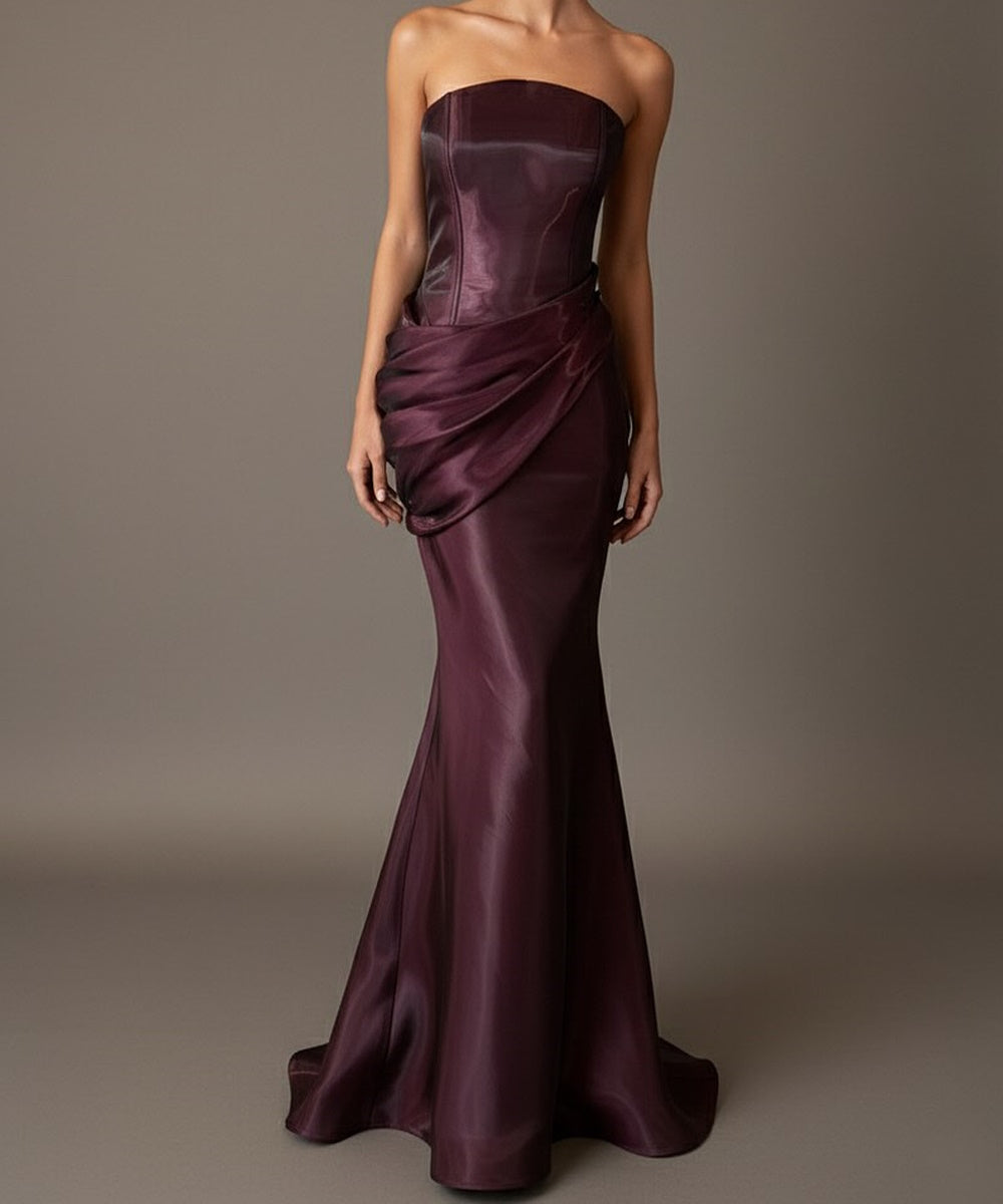Dark Plum Strapless Satin Corset Draped Mermaid Evening Gown