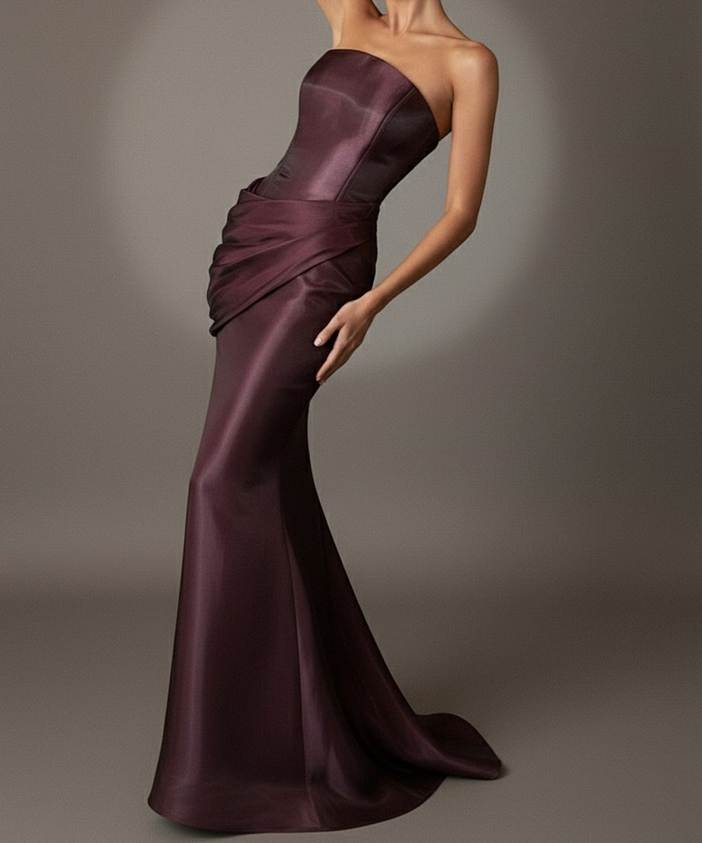Dark Plum Strapless Satin Corset Draped Mermaid Evening Gown