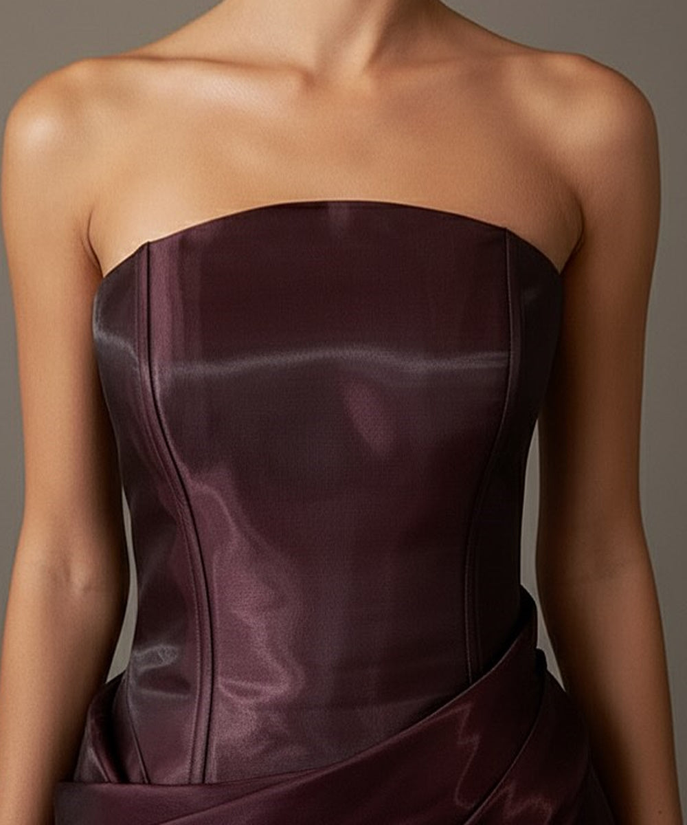 Dark Plum Strapless Satin Corset Draped Mermaid Evening Gown