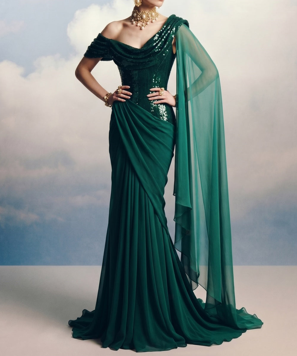 Off‑Shoulder Sequin Saree‑Style Mermaid Evening Gown With Chiffon Cape