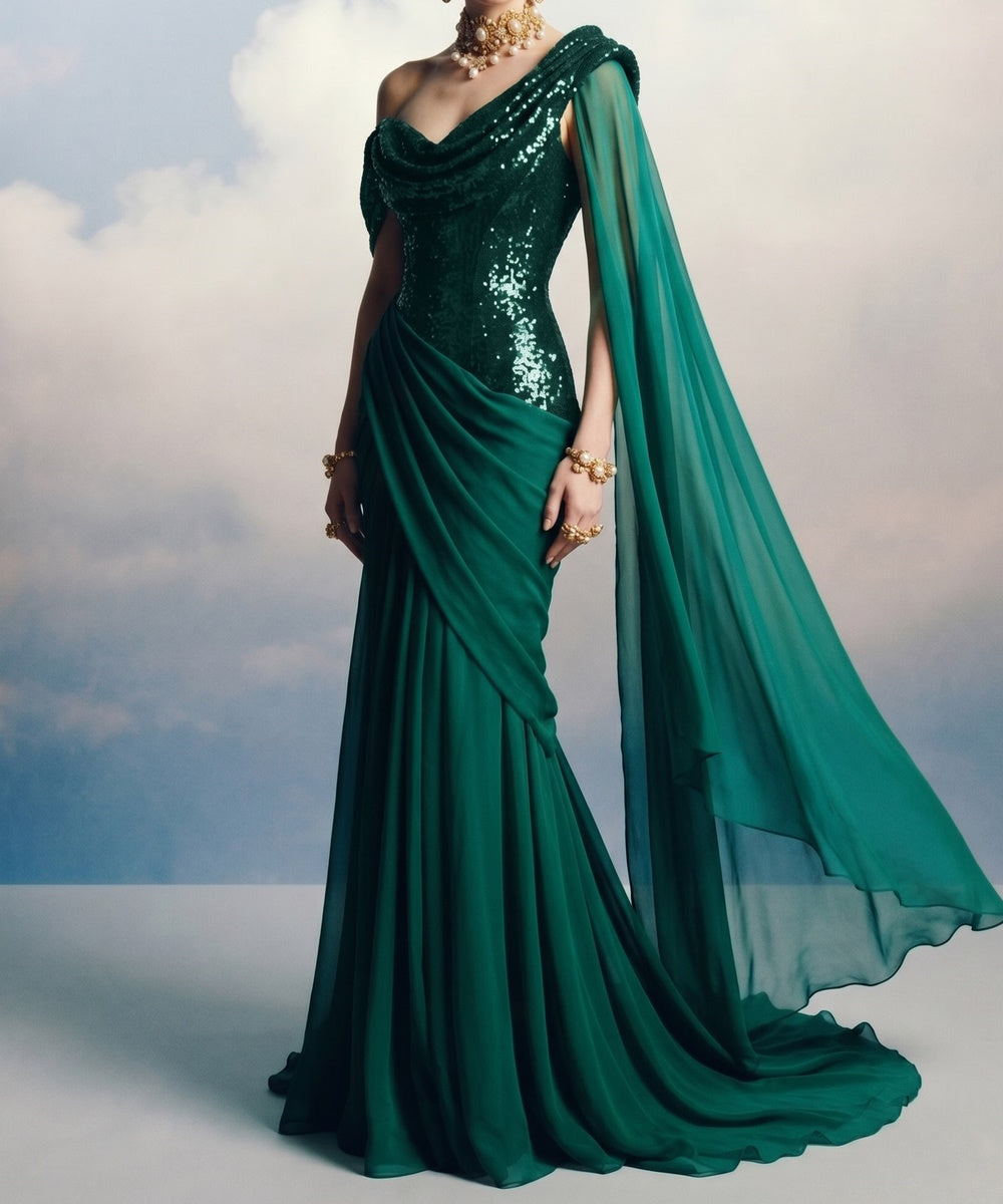 Off‑Shoulder Sequin Saree‑Style Mermaid Evening Gown With Chiffon Cape