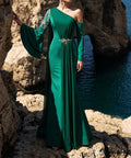 Emerald Green One‑Shoulder Beaded Mermaid Evening Gown With Cape Sleeve