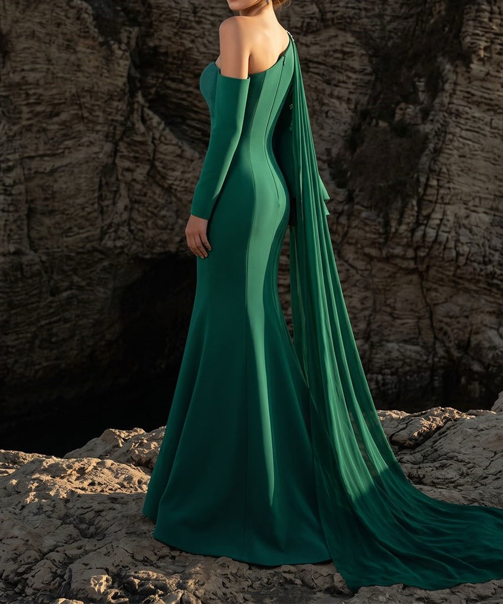 Emerald Green One‑Shoulder Beaded Mermaid Evening Gown With Cape Sleeve