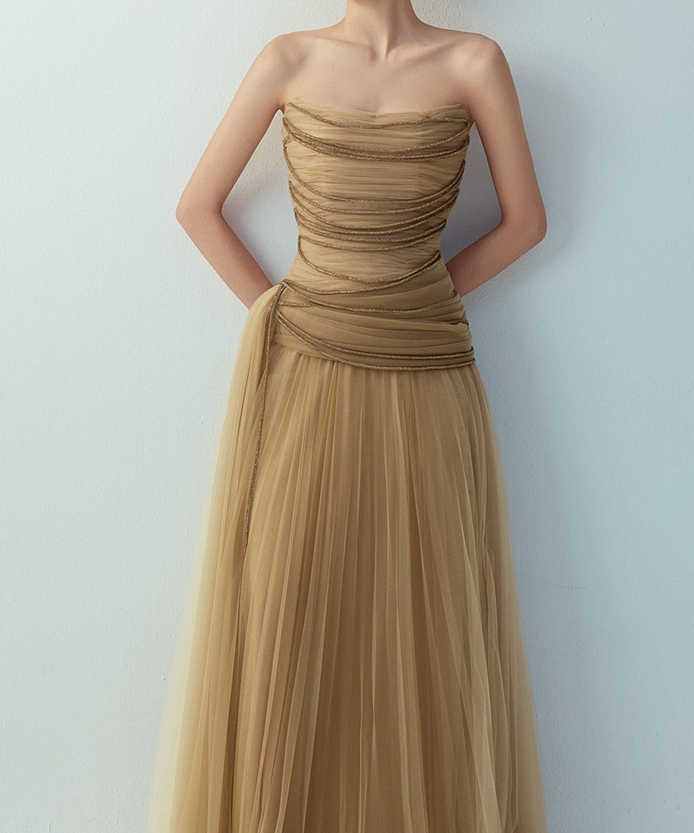 Strapless Ruched Beaded Tulle A‑Line Evening Gown
