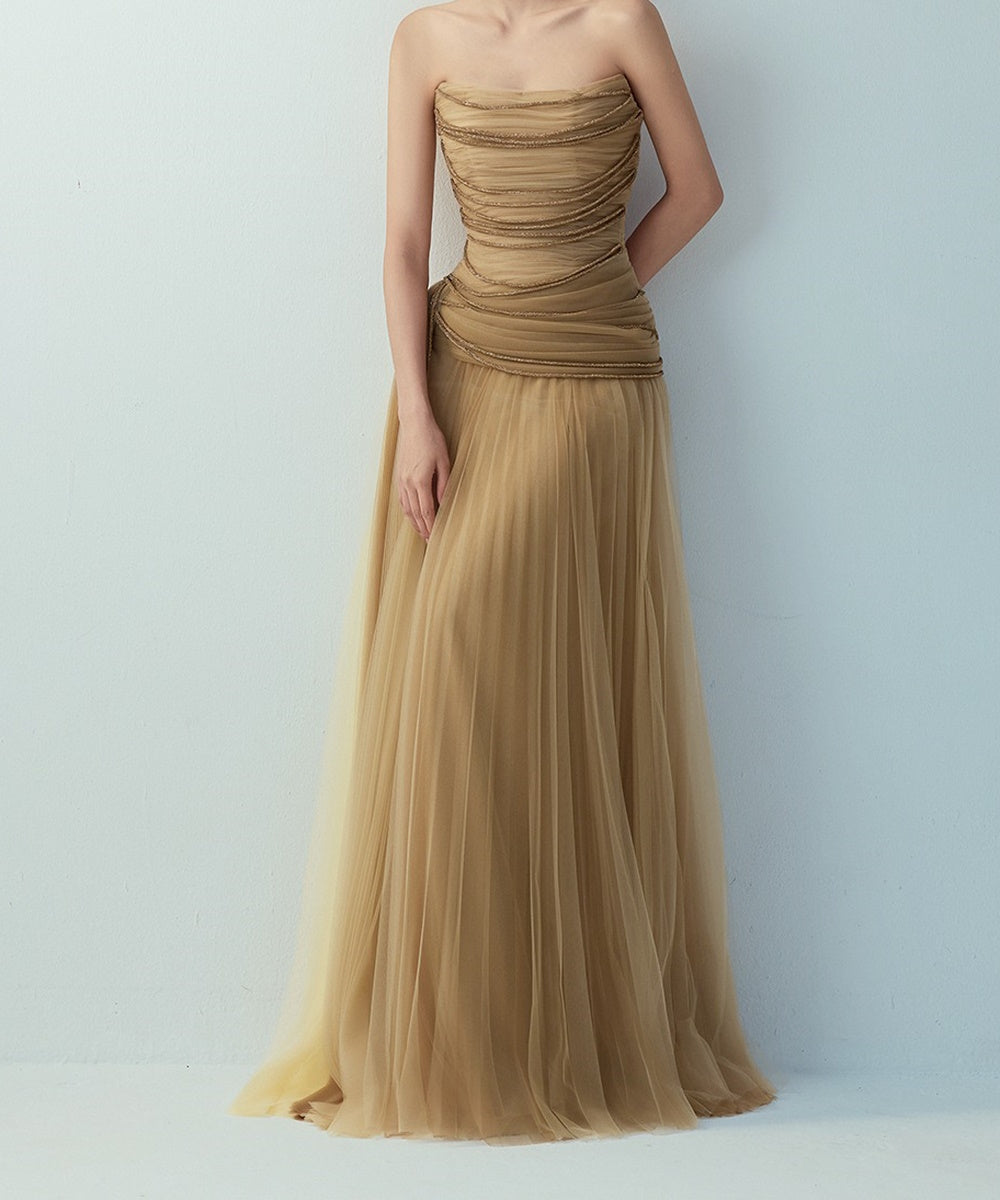 Strapless Ruched Beaded Tulle A‑Line Evening Gown