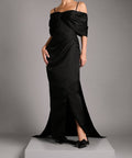Black Satin Off‑the‑Shoulder Corset Evening Gown With Draped Skirt & Side Slit