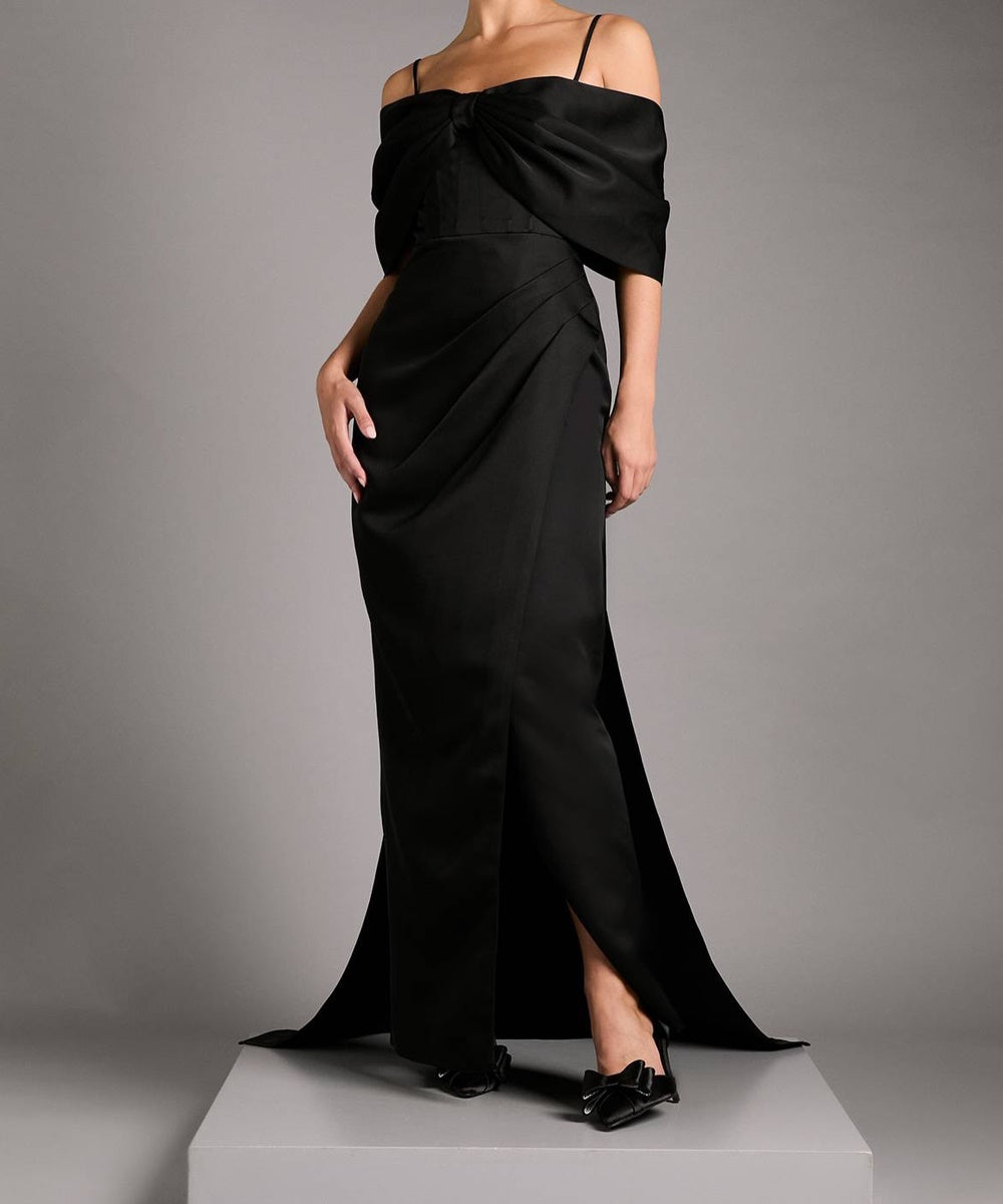 Black Satin Off‑the‑Shoulder Corset Evening Gown With Draped Skirt & Side Slit
