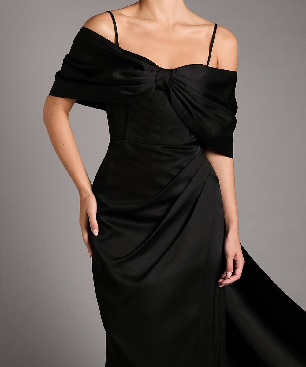 Black Satin Off‑the‑Shoulder Corset Evening Gown With Draped Skirt & Side Slit