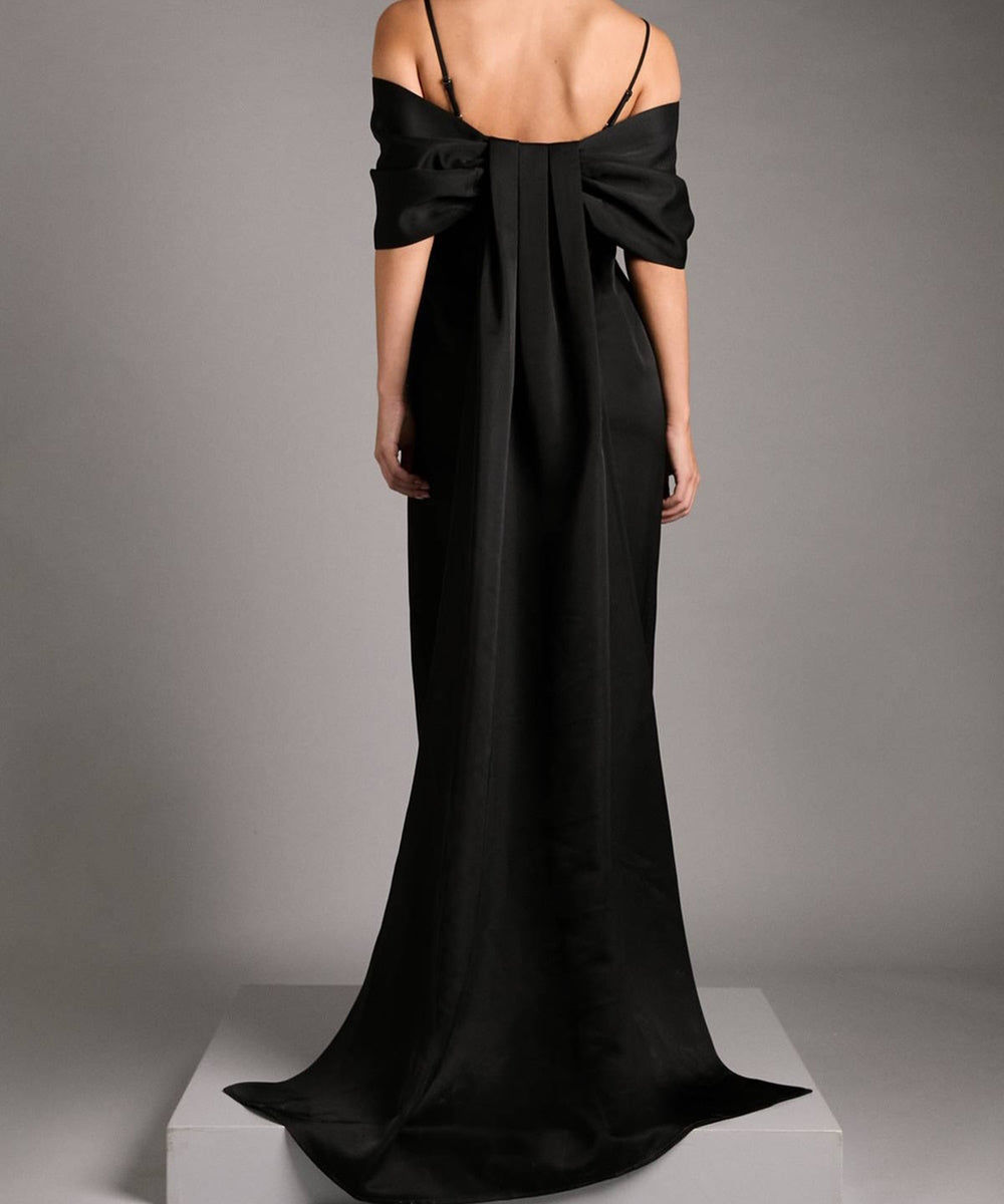 Black Satin Off‑the‑Shoulder Corset Evening Gown With Draped Skirt & Side Slit