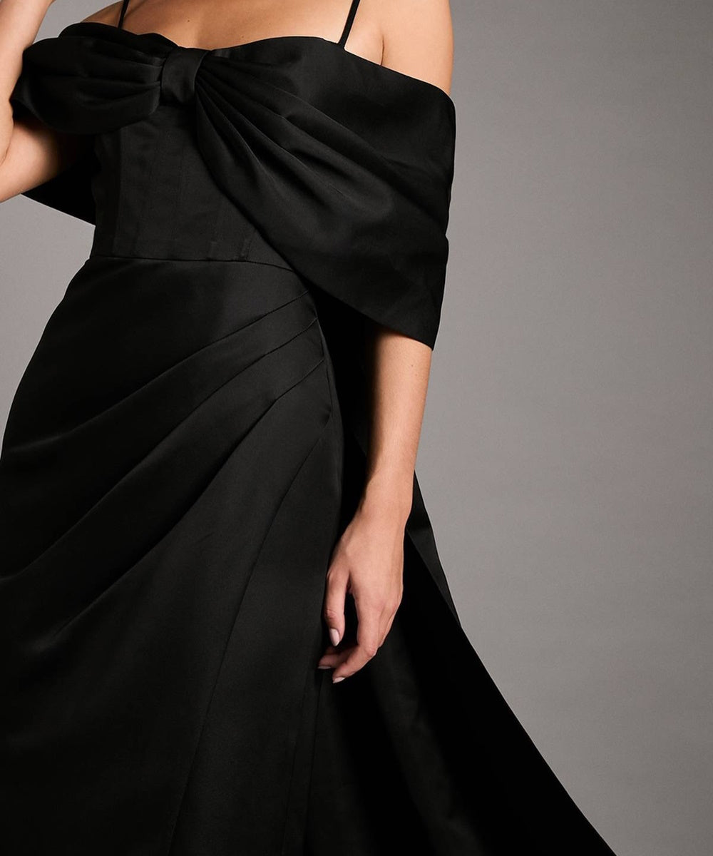 Black Satin Off‑the‑Shoulder Corset Evening Gown With Draped Skirt & Side Slit