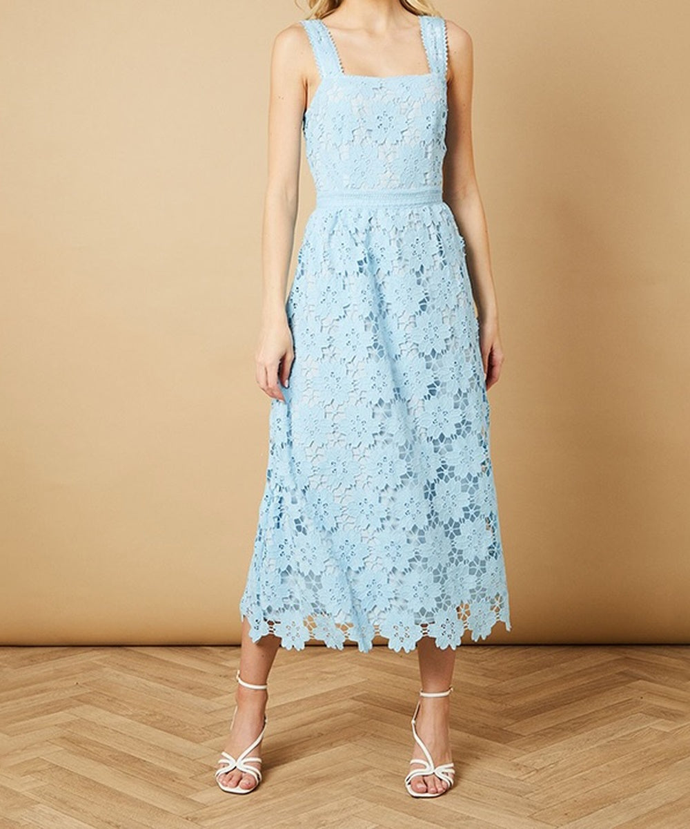 Light Blue Square Neck Sleeveless Floral Lace Midi Dress