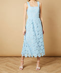 Light Blue Square Neck Sleeveless Floral Lace Midi Dress
