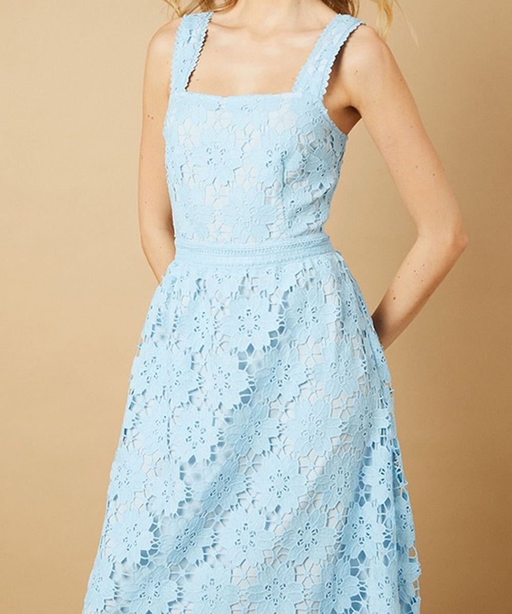 Light Blue Square Neck Sleeveless Floral Lace Midi Dress