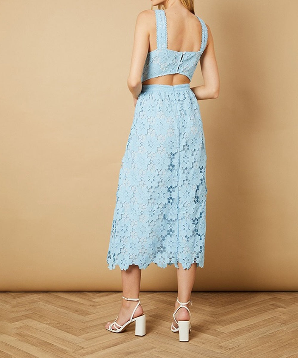 Light Blue Square Neck Sleeveless Floral Lace Midi Dress