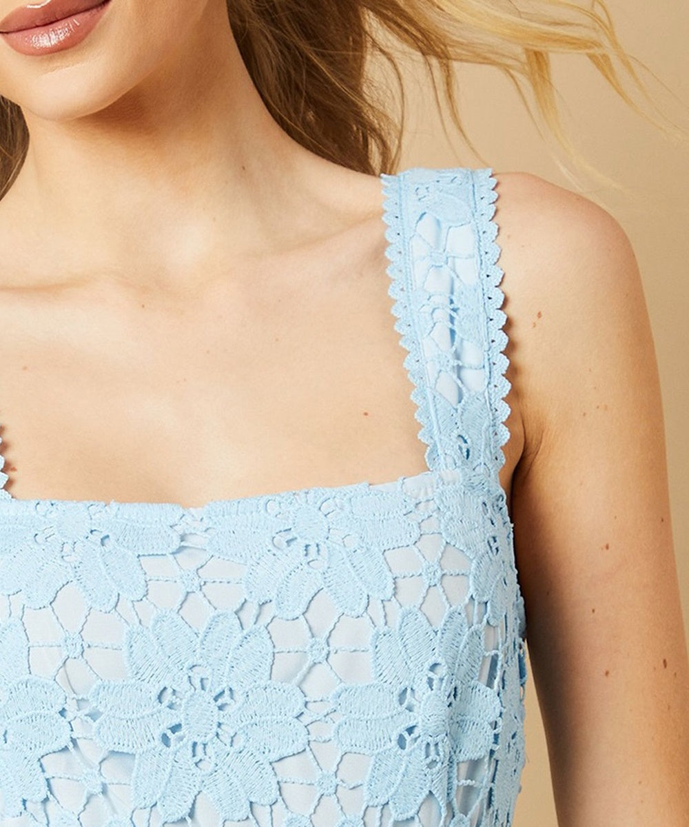 Light Blue Square Neck Sleeveless Floral Lace Midi Dress