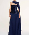 Navy Sequin Strapless Corset Chiffon Cape Sleeve Evening Gown