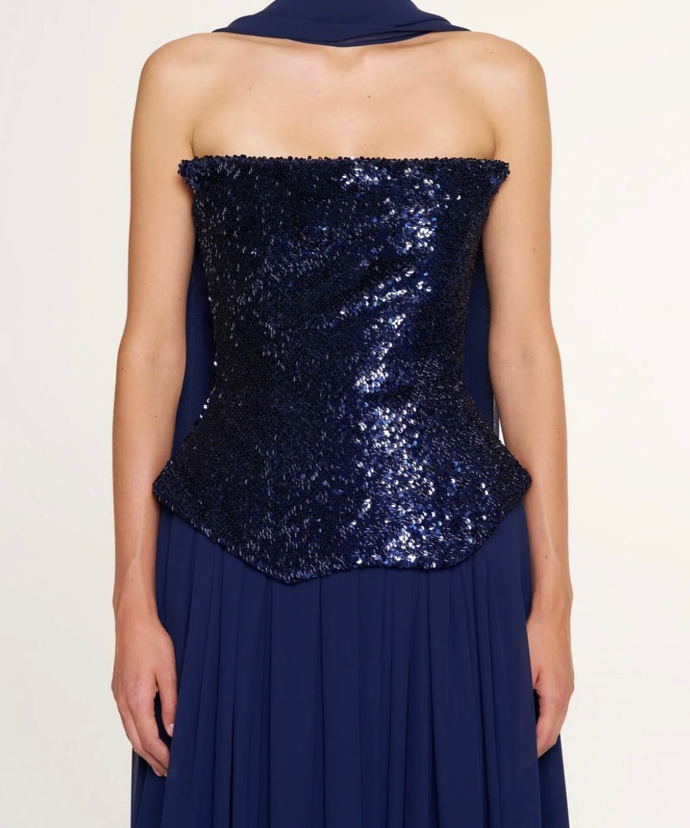 Navy Sequin Strapless Corset Chiffon Cape Sleeve Evening Gown