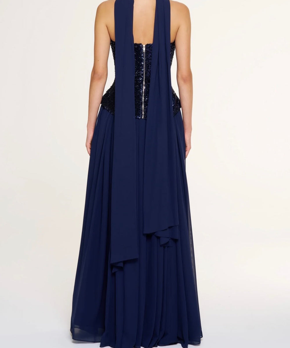Navy Sequin Strapless Corset Chiffon Cape Sleeve Evening Gown