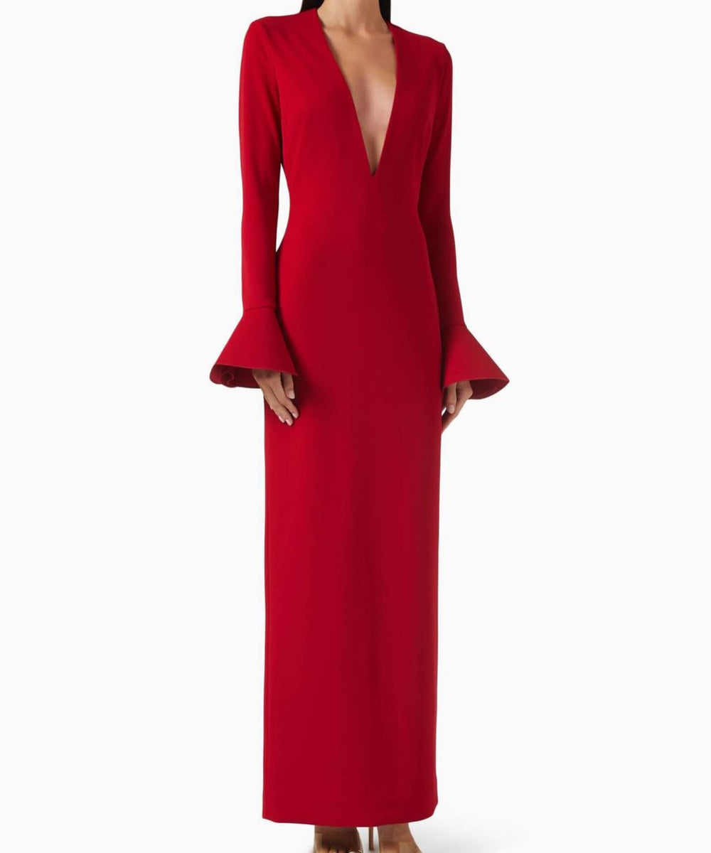 Red Deep V Neck Long Sleeve Maxi Evening Dress With Flared Cuffs & Back Slit
