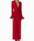 Red Deep V Neck Long Sleeve Maxi Evening Dress With Flared Cuffs & Back Slit