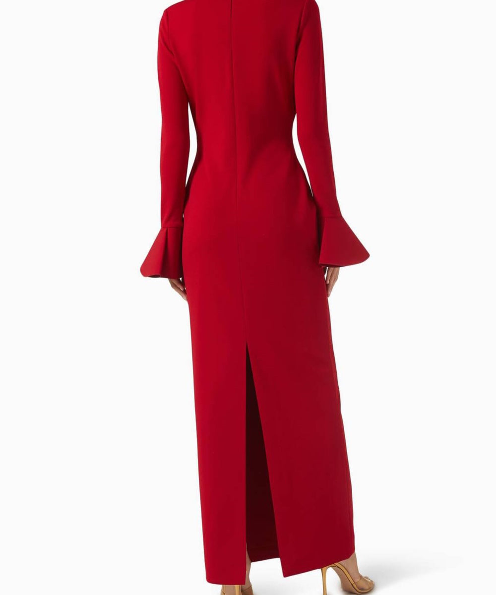 Red Deep V Neck Long Sleeve Maxi Evening Dress With Flared Cuffs & Back Slit