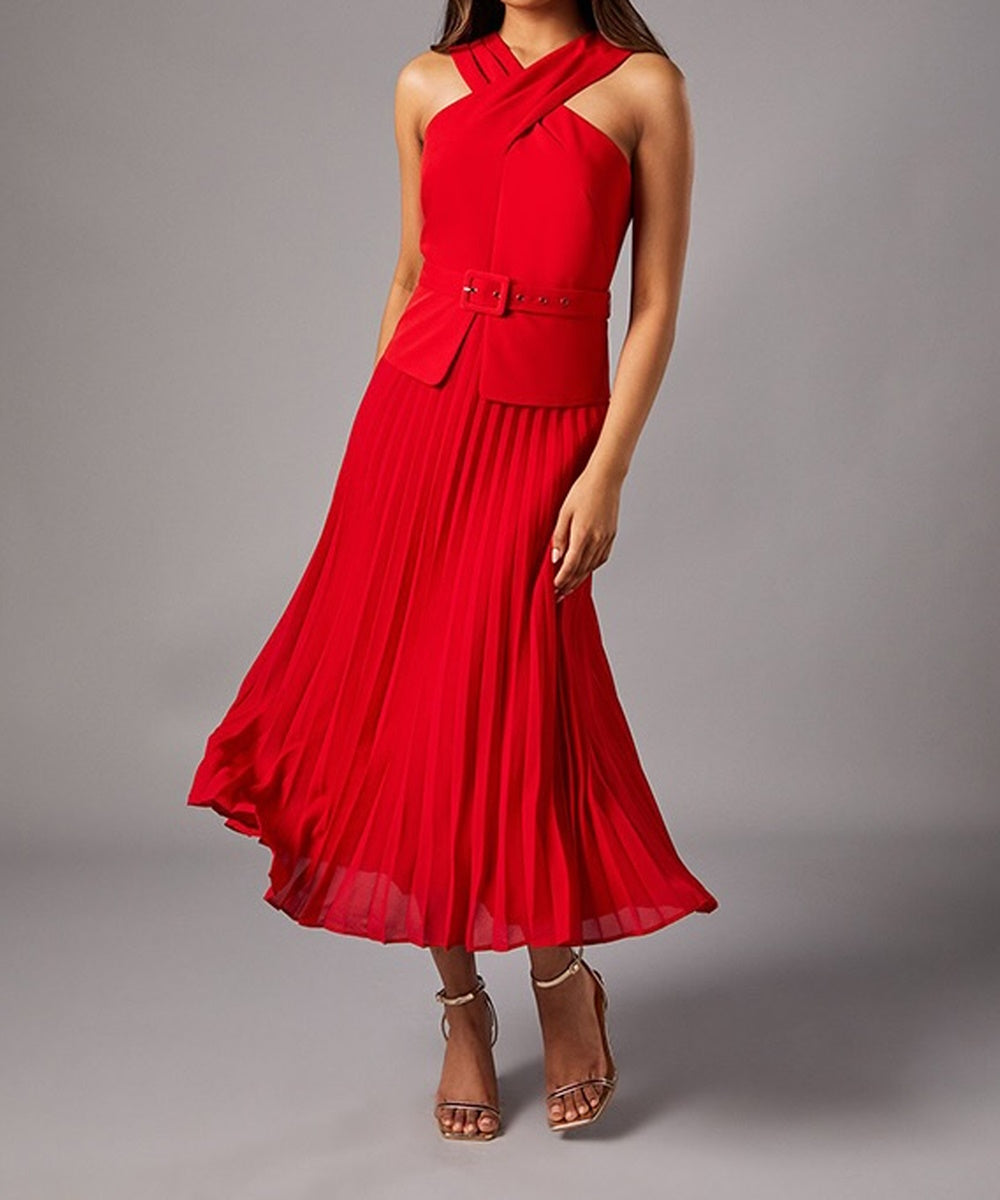 Red Criss‑Cross Halter Belted Pleated Midi Cocktail Dress